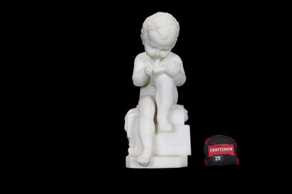 LATE 19TH C ITALIAN WHITE CARRARA MARBLE SCULPTURE BOY SKETCHING