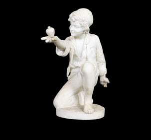 LATE 19TH C ITALIAN MARBLE SCULPTURE BOY PLAYING WITH TOP