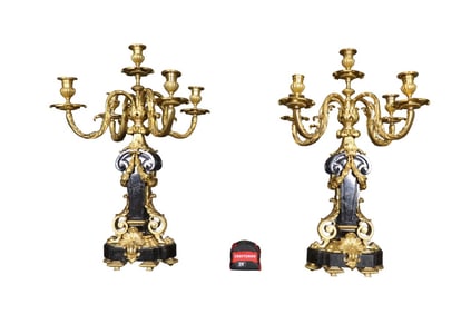 PAIR LATE 19TH C GILT BRONZE & MARBLE 5 LIGHT CANDELABRAS