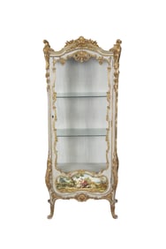 ANTIQUE FRENCH PAINT DECORATED GILT CURIO CABINET