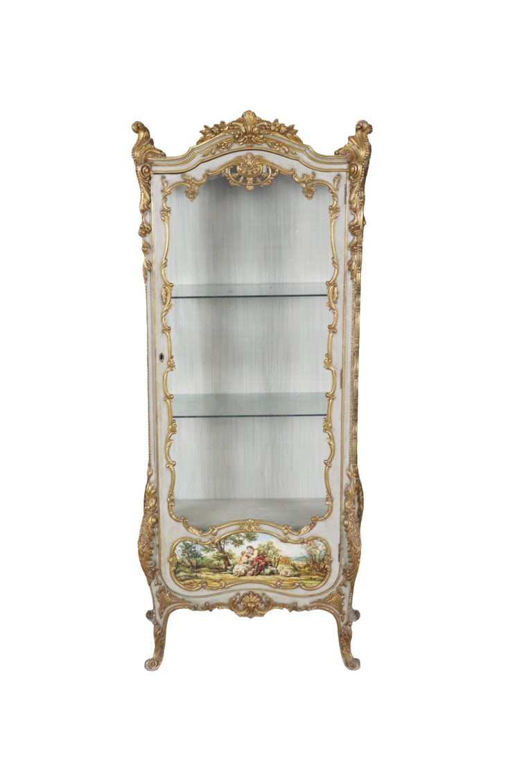 ANTIQUE FRENCH PAINT DECORATED GILT CURIO CABINET (1 of 12)