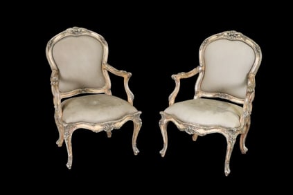 PAIR LOUIS XVI STYLE DISTRESS PAINTED ARM CHAIRS