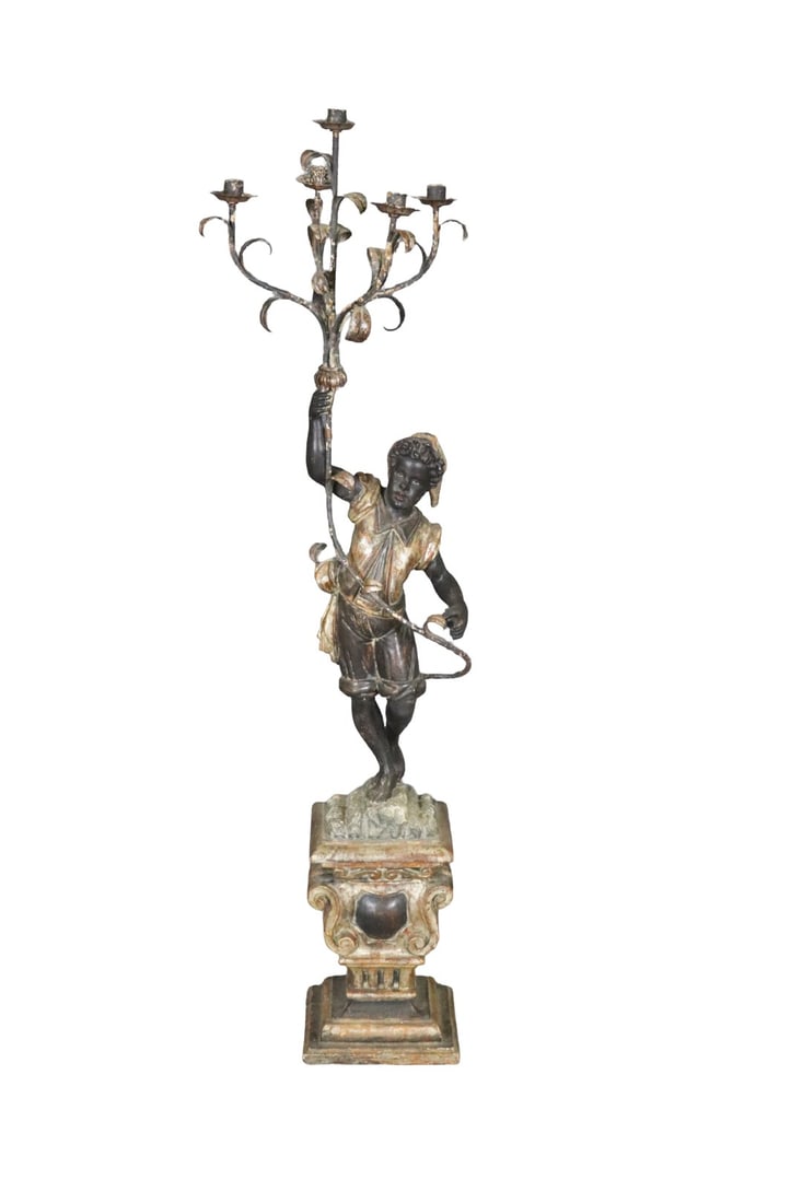 WOOD & METAL FIGURAL CANDELABRA: Wood. Figure of a boy. Metal. Carved. 5 light. 59" h x 15" w x 14" d.