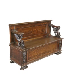 ANTIQUE OAK CARVED GRIFFIN HALL BENCH