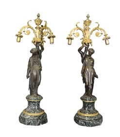 PAIR BRONZE & MARBLE FIGURAL CANDELABRAS
