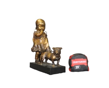 BRONZE OF GIRL & DOG ON WOOD BASE