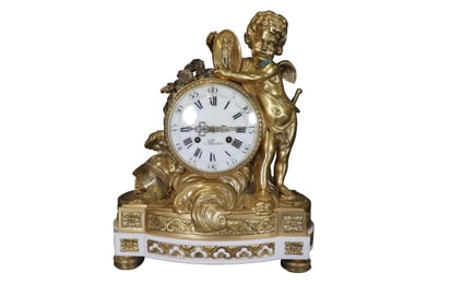 LOUIS XVI STYLE ORMULU BRONZE MANTLE CLOCK WITH PUTTI