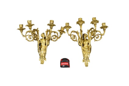PAIR LOUIS XV STYLE BRONZE & GILDED WALL SCONCES