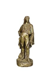 BRONZE SCULPTURE YOUNG MAN HOLDING INSTRUMENT