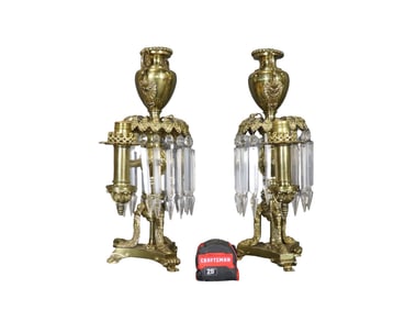 PAIR ORNATE GILT BRONZE & CRYSTAL LAMPS