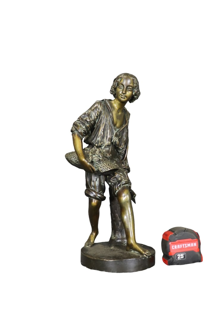 BRONZE SCULPTURE BOY HOLDING BASKET & AX (1 of 6)