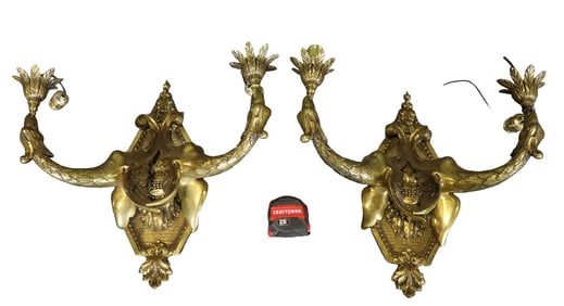 PAIR FRENCH EMPIRE STYLE GILT BRONZE 2 LIGHT WALL SCONCES