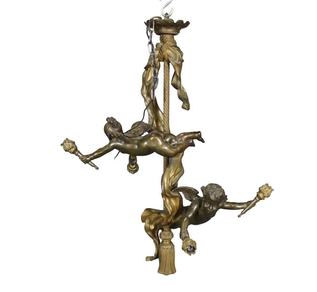 BRONZE CHERUB FIGURAL CHANDELIER: Bronze. Cherub figural. 30 1/2" x 26 1/2" w x 11" d.