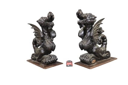 PAIR CARVED WOOD GRIFFINS