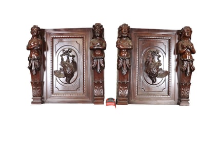 PAIR CARVED FIGURAL WOOD PANELS