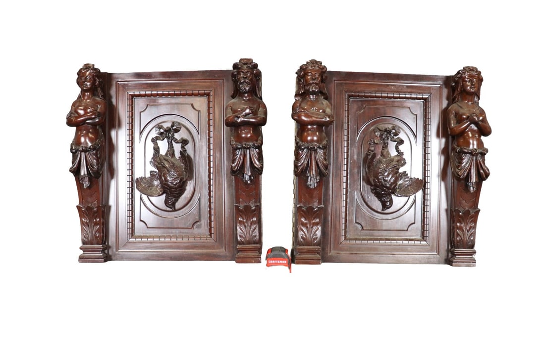 PAIR CARVED FIGURAL WOOD PANELS (1 of 12)