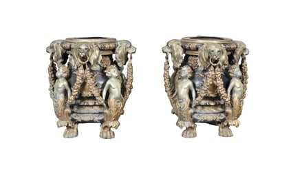 PAIR BRONZE FIGURAL ORNATE PEDESTALS OR URN BASES
