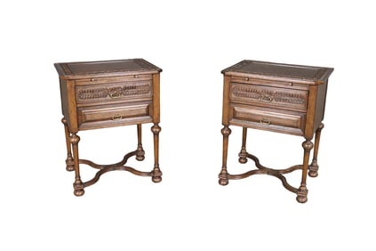 PAIR JONATHAN CHARLES CARVED 2 DRAWER END TABLES