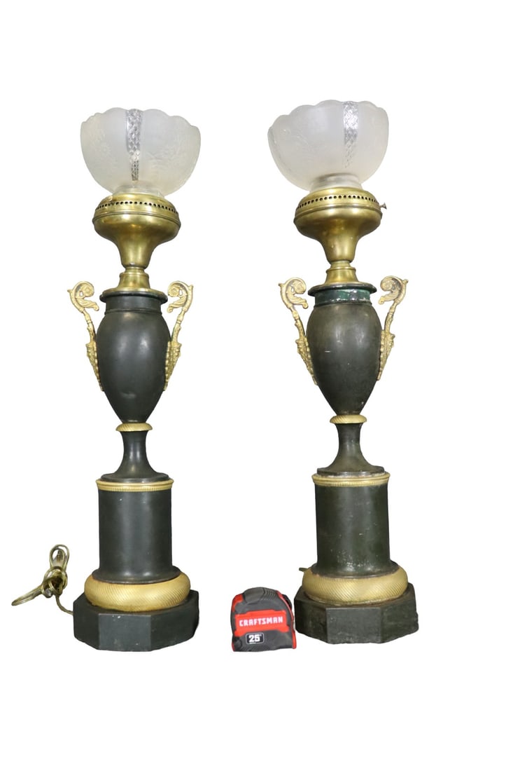 PAIR BRONZE EMPIRE LAMPS WITH SHADES: Bronze. Glass shades. Metal. Painted. Electrified. 28 1/2" h x 7" diameter.