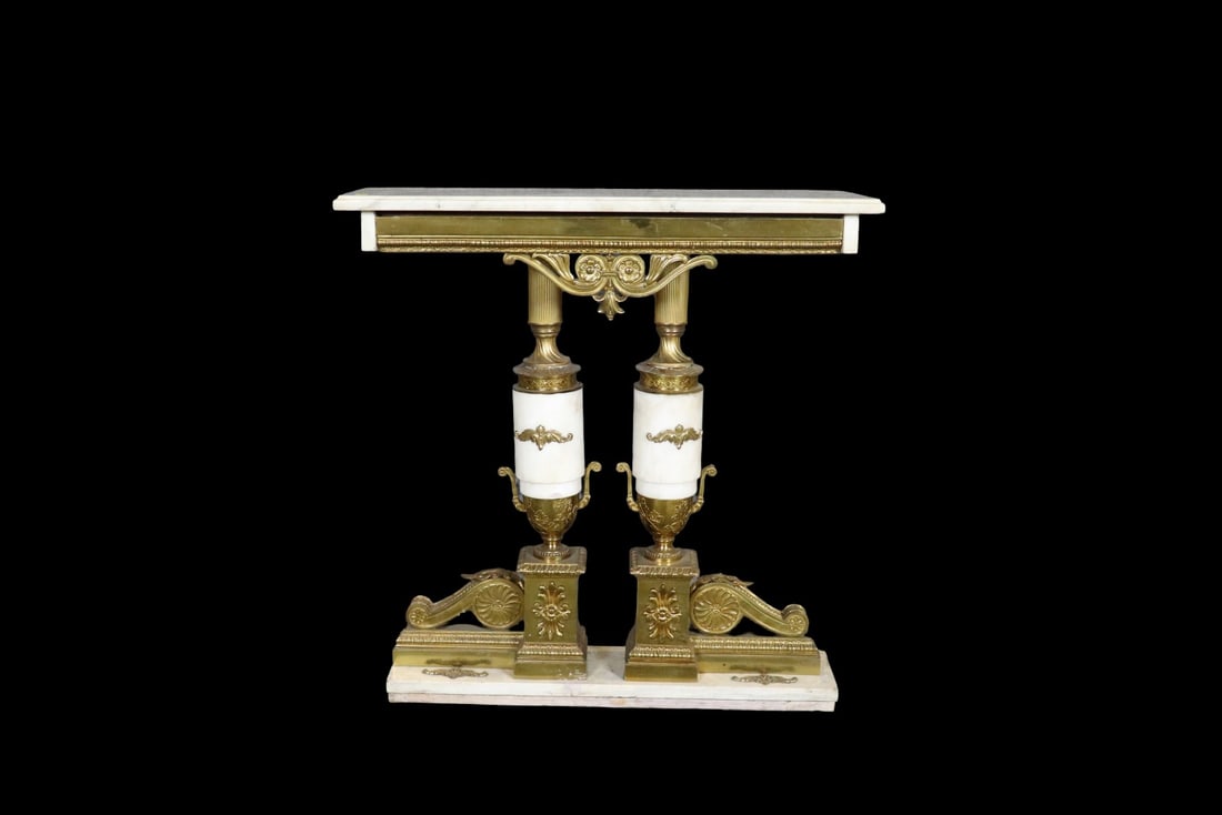 MARBLE & BRONZE/BRASS MOUNTED PEDESTAL: Marble. Bronz/brass mounted. 32" h x 30" w x 11 1/2" d.