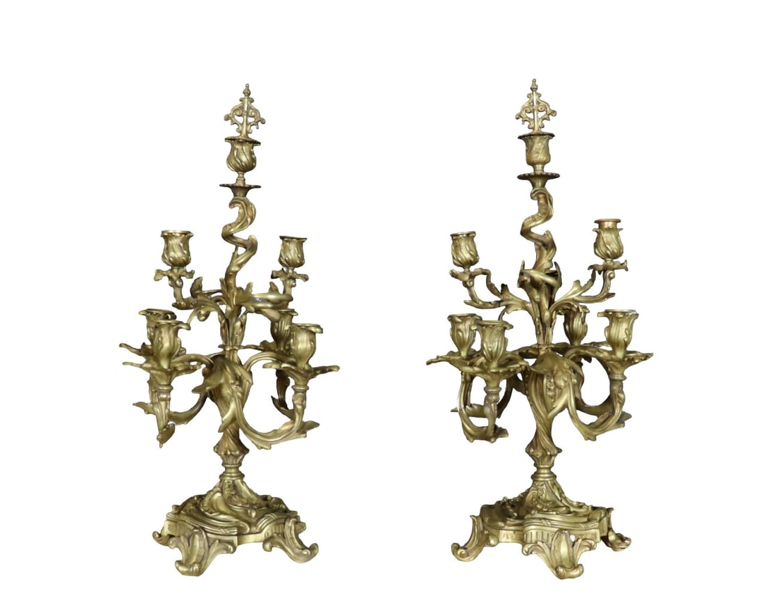 PAIR BRONZE 6 LIGHT CANDELABRAS: Bronze. 6 lights. 24 1/4" h x 13 1/4" diameter.