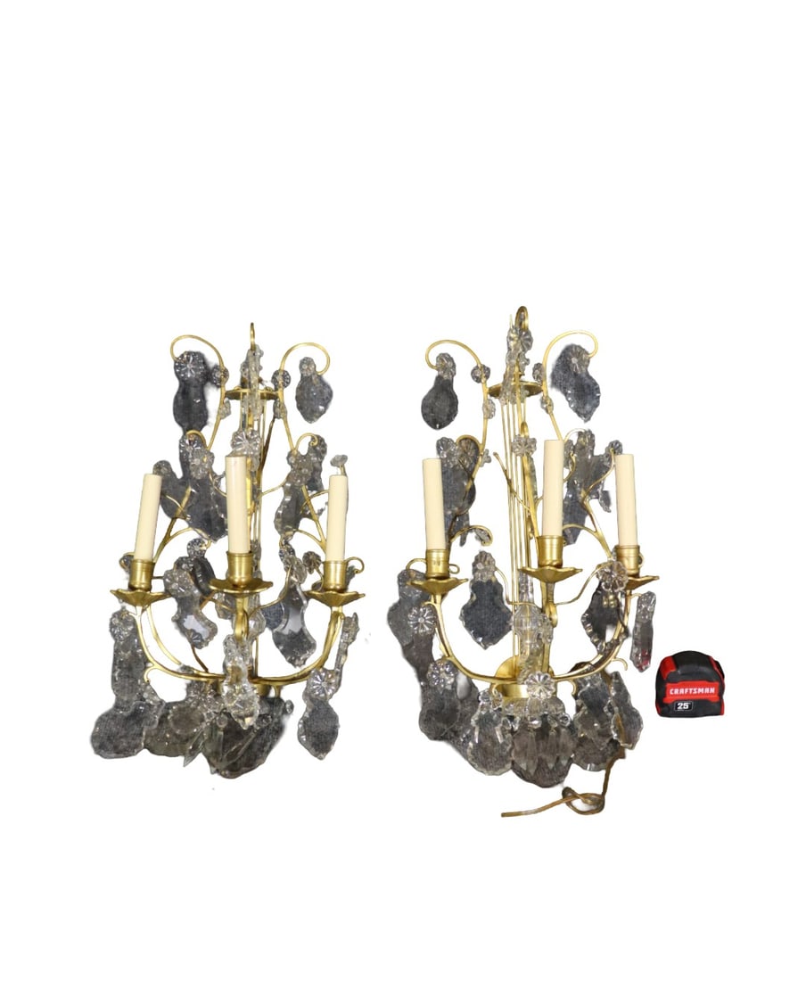 PAIR BRONZE & CRYSTAL 3 ARM SCONCES (1 of 6)