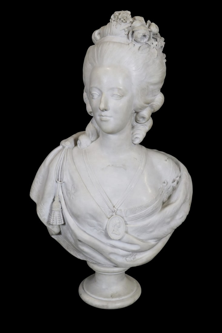 MARBLE BUST MARIE ANTOINETTE: Marble. M Antionette etched in back. 33 3/4" h x 18 3/4" w x 9 3/4" d.