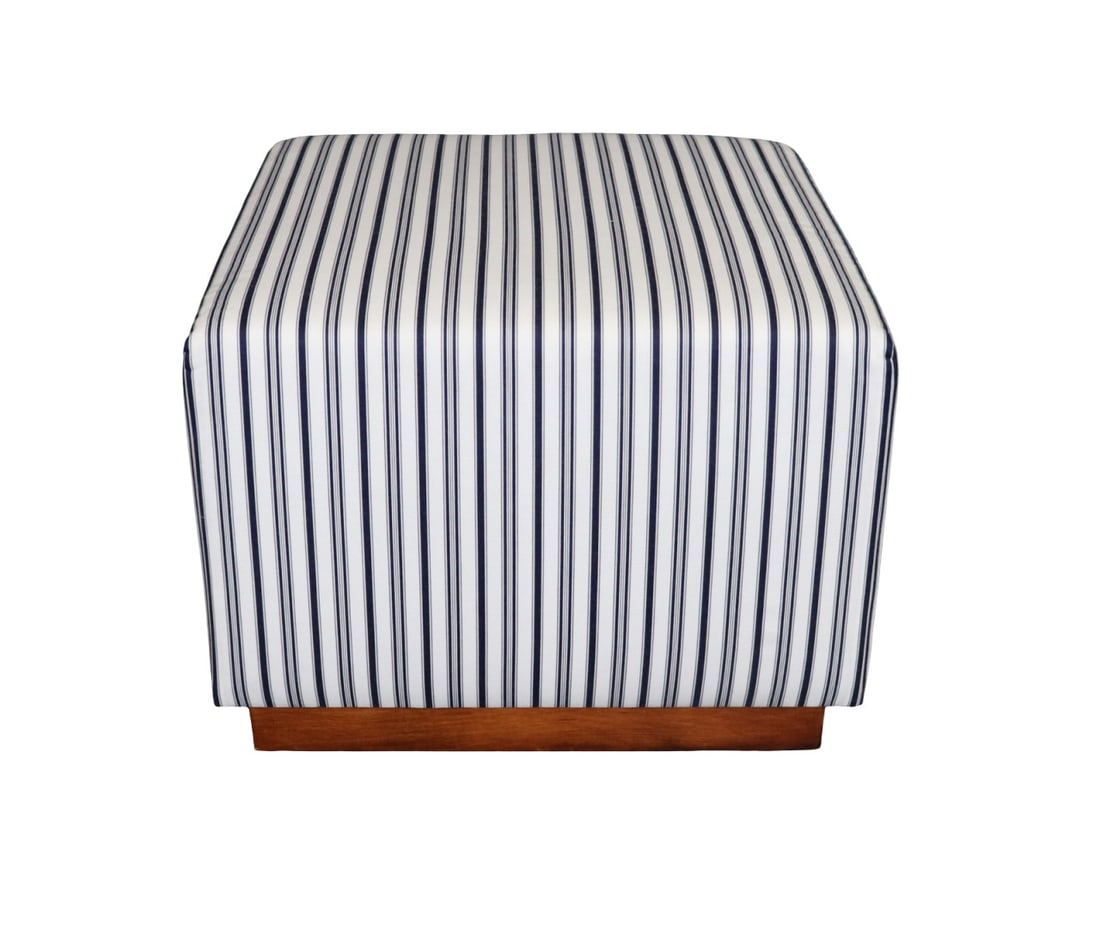 UNSIGNED CUBE UPHOLSTERED OTTOMAN: Wood base. Upholstered. 18 1/2" h x 24" w x 23 1/2" d.