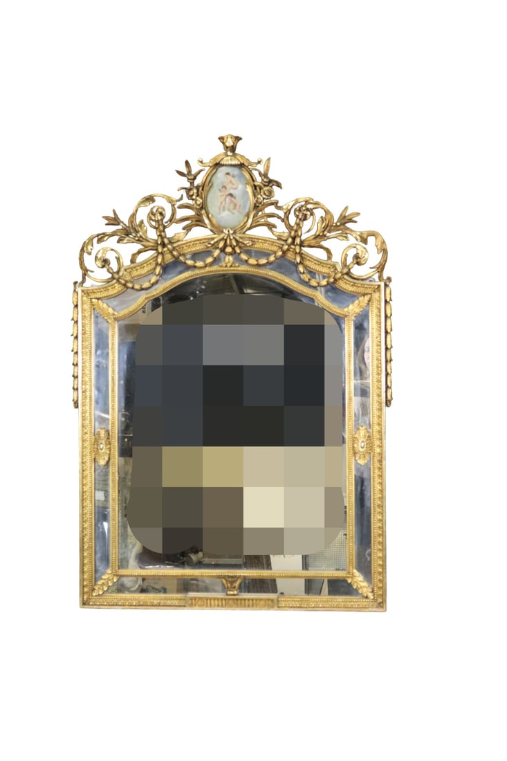 19TH C LOUIS XV STYLE GILTWOOD MIRROR: Carved. Giltwood. Painted insert.