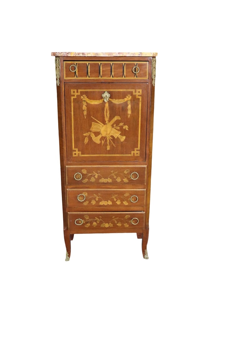 MARBLE TOP SECRETARY DESK: Wood. Brass accents. Inlaid. 1 dovetailed drawer. Drop down door containing fitted interior with leather writing surface. 3 dovetailed drawers on bottom. 52 1/2" h x 23 1/4" w x 13 1/2" d.