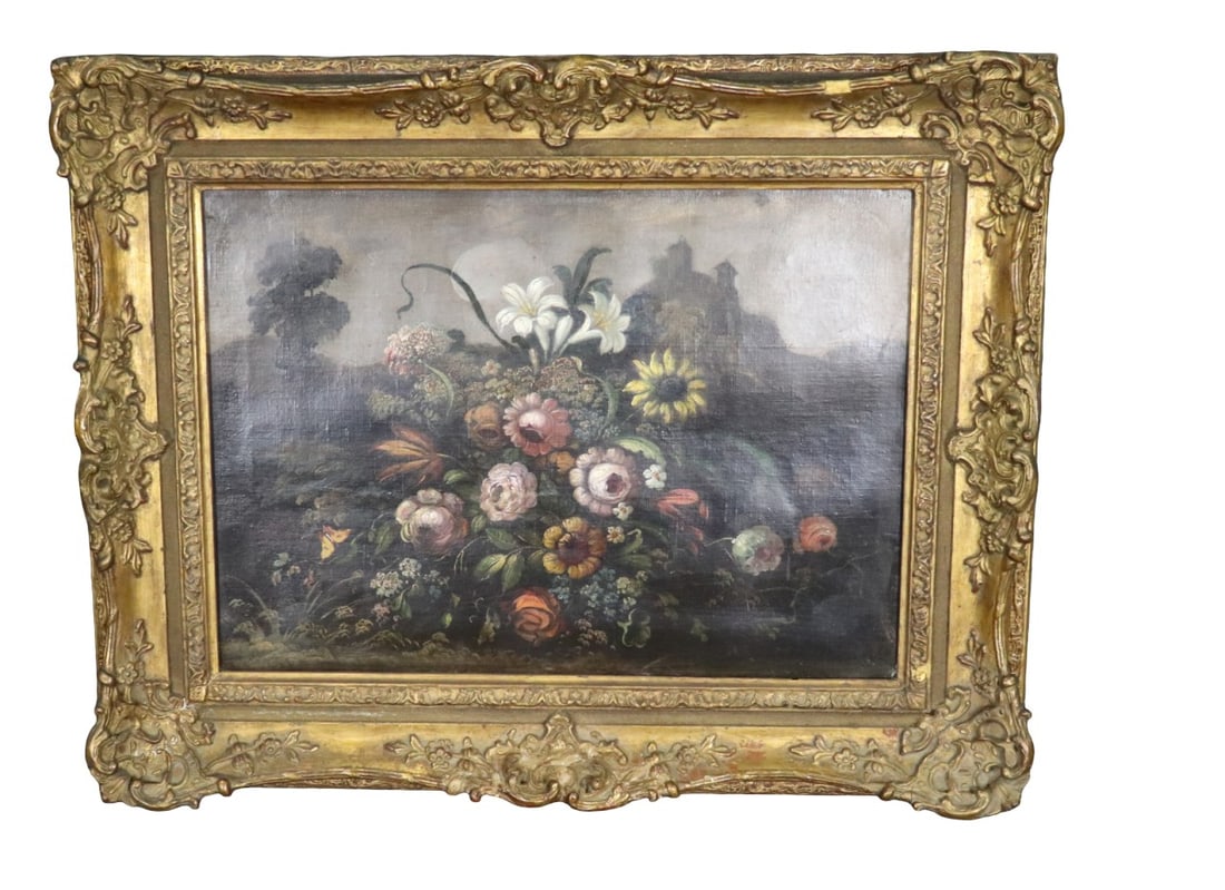 ILLEGIBLY SIGNED STILL LIFE PAINTING FLOWERS (1 of 12)