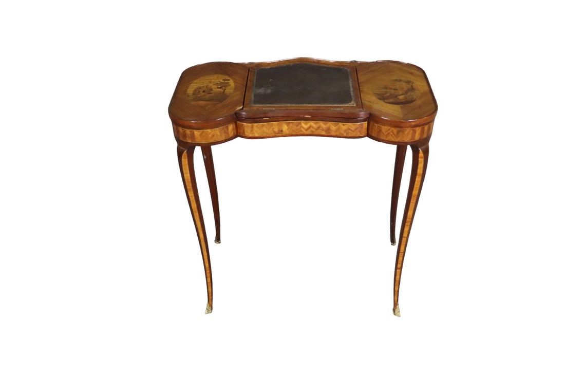 LADY'S WRITING DESK: Inlaid. Flip up center. Flip open sides. 27 1/2" h x 27 3/4" w x 15 3/4" d.