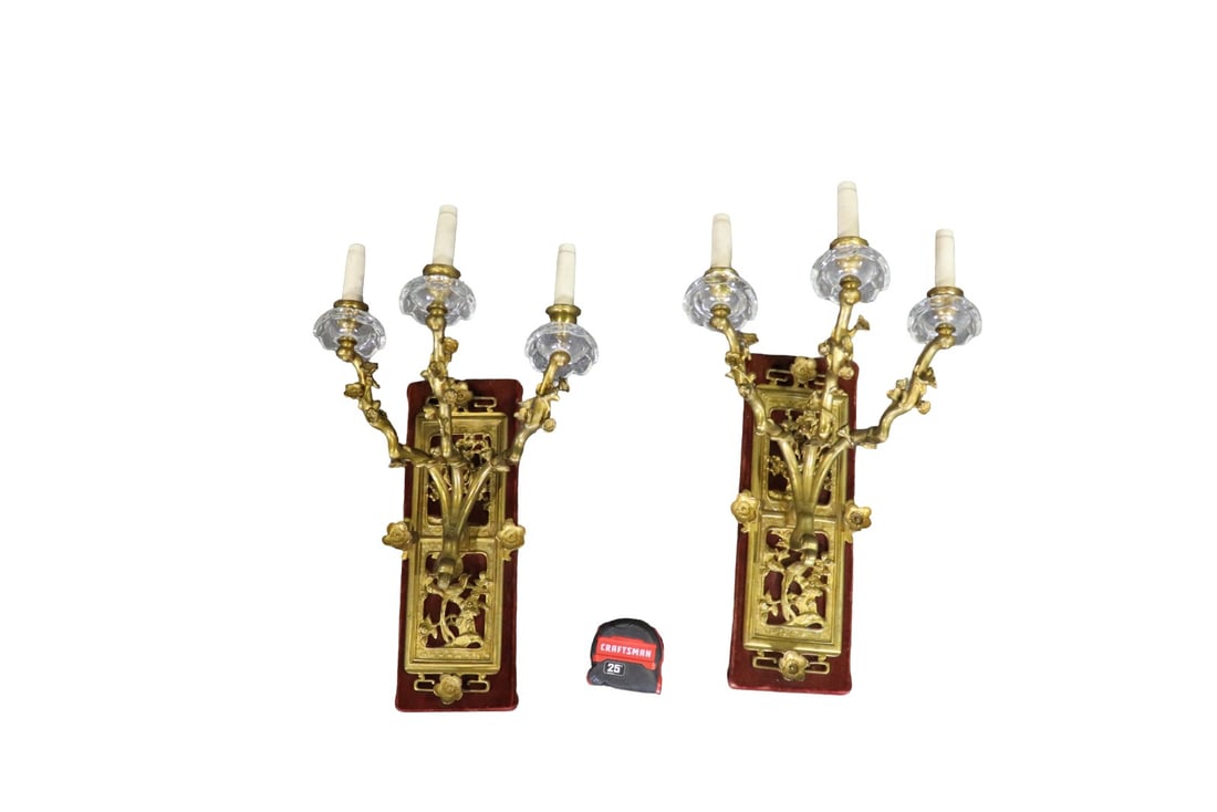 PAIR BRONZE LOUIS XV STYLE 3 ARM SCONCES WITH CRYSTAL (1 of 11)