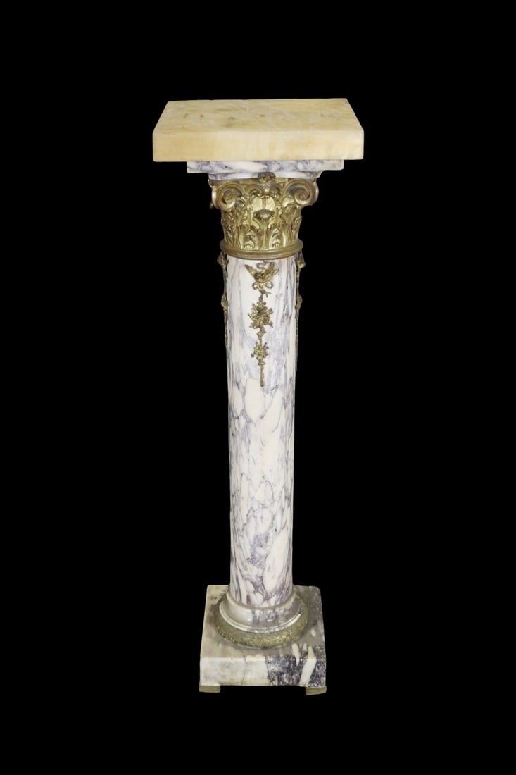 MARBLE PEDESTAL: Marble. Brass. 50 1/2" h x 11 1/2" w x 11 1/2" d.