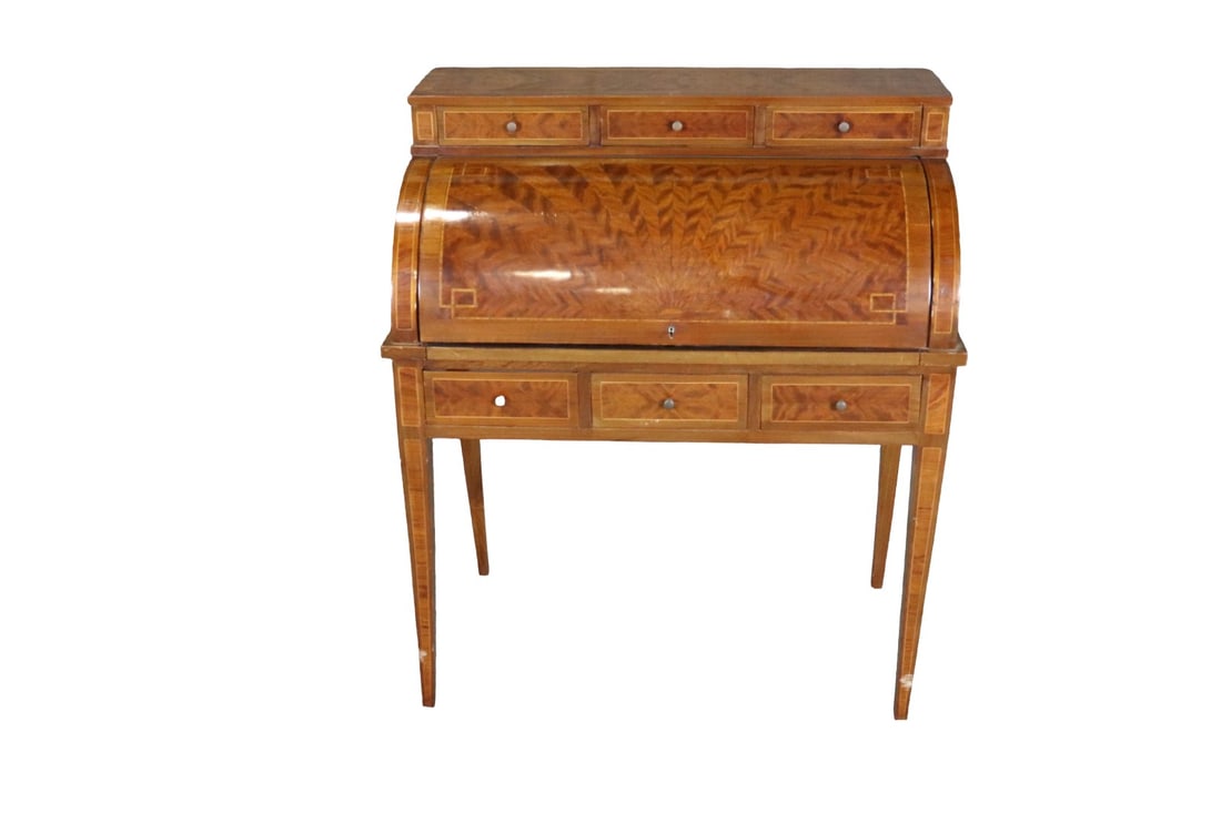 ROLL TOP DESK: Roll top with pullout surface. Inlaid. 6 drawers. 42 1/2" h x 36 1/2" w x 20" d.