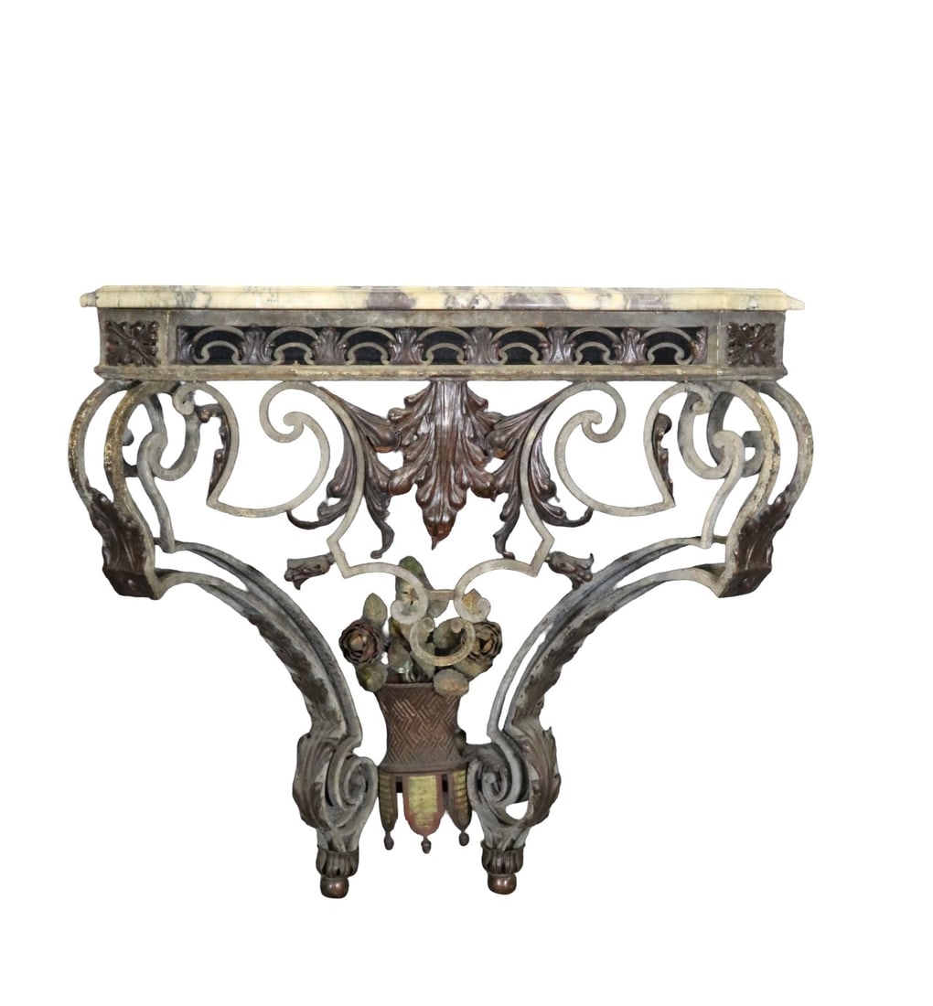 IRON & MARBLE CONSOLE: Iron. Marble. 36 3/4" h x 38 1/2" w x 23" d.