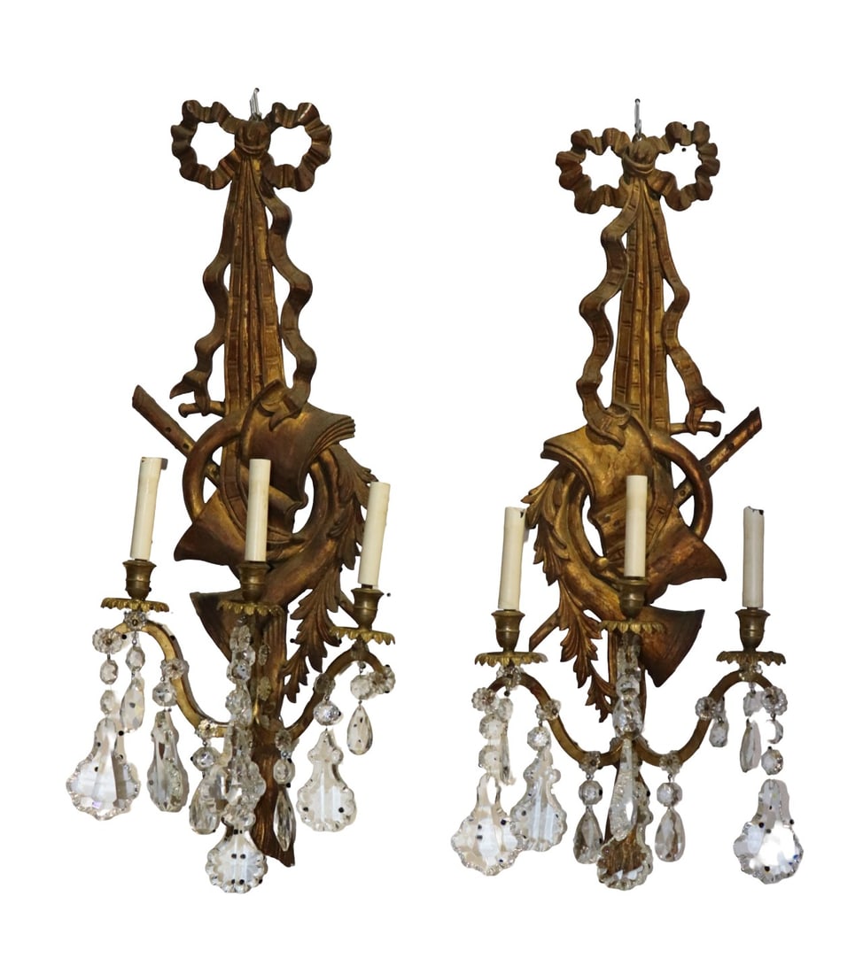 PAIR ANTIQUE GILT WALL HANGING SCONCES (1 of 9)