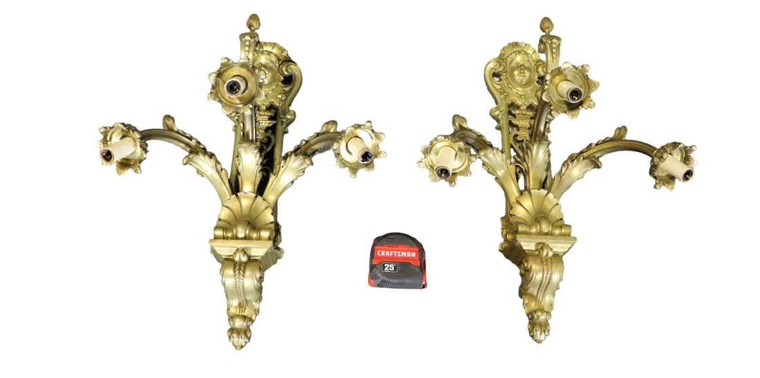 PAIR BRASS FIGURAL WALL SCONCES (1 of 8)