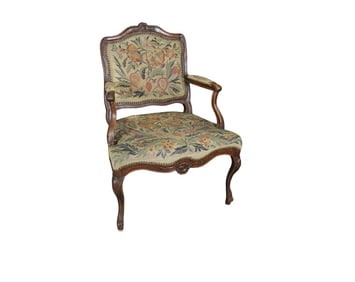 LOUIS XV STYLE NEEDLEPOINT CARVED ARM CHAIR