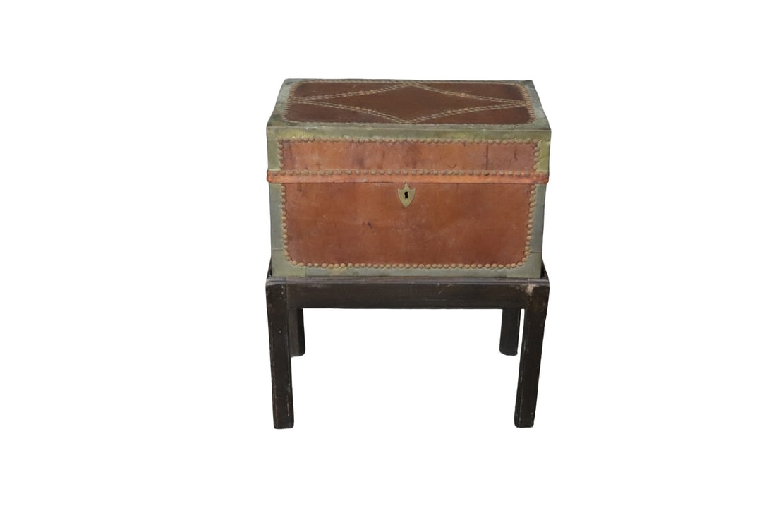LEATHER CLAD & BRASS ACCENTED CHEST ON STAND (1 of 10)