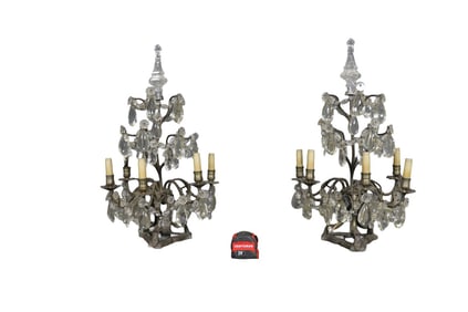 PAIR BAGUES STYLE IRON & CRYSTAL 5 ARM CANDELABRAS