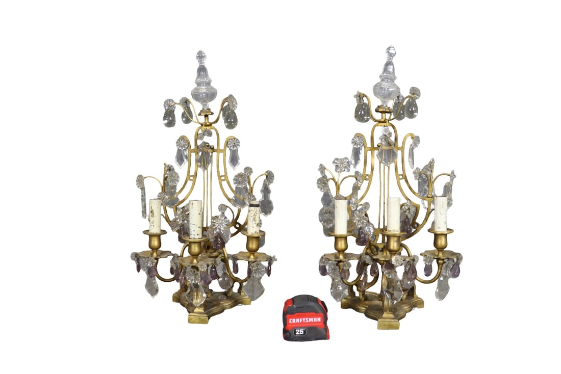 PAIR BRASS & CRYSTAL HARP FORM 3 ARM CANDELABRAS (1 of 11)