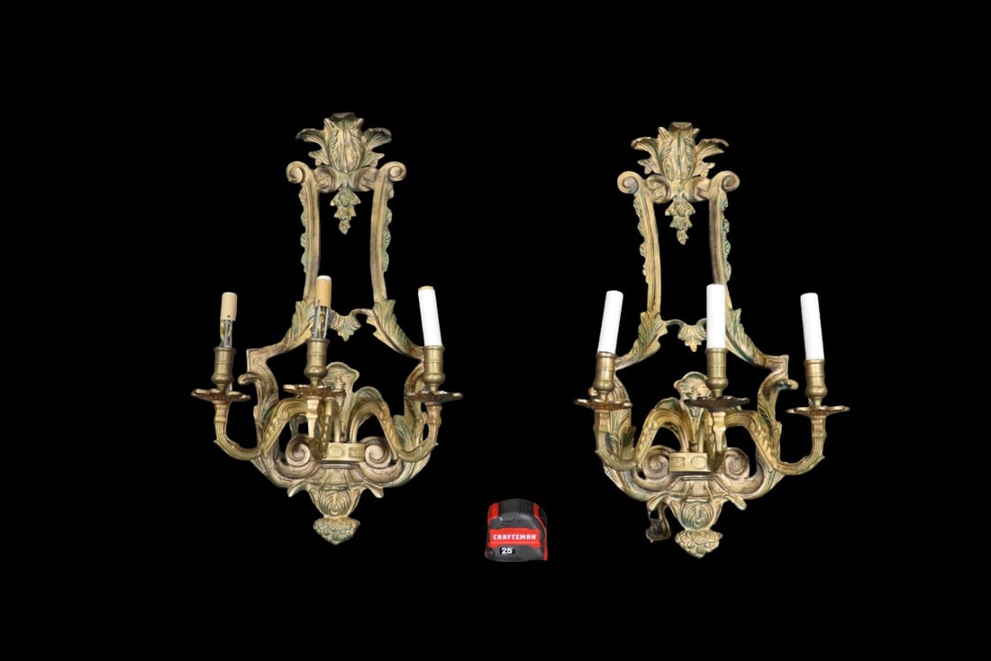 PAIR LOUIS XV STYLE BRASS 3 ARM SCONCES (1 of 8)