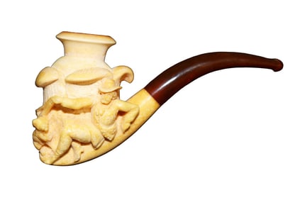 ANTIQUE MEERSCHAUM CAVALIER PLAYING WITH DOG