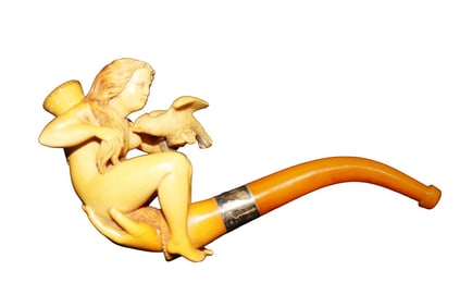 ANTIQUE MEERSCHAUM PIPE WOMAN HOLDING DOVE IN HAND