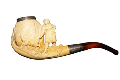 ANTIQUE MEERSCHAUM PIPE WOMAN PLAYING WITH DOG