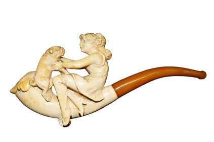 ANTIQUE MEERSCHAUM PIPE LADY WITH DOG