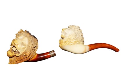 2 ANTIQUE MEERSCHAUM PIPES 2 LION HEADS