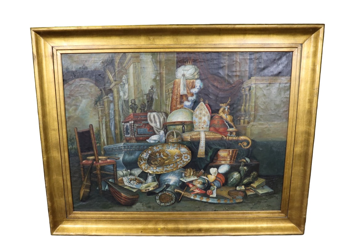 SIGNED OIL PAINTING OF TREASURE: Signed Tom lower right. Framed measures 46 1/2" h x 58 3/4" w x 2" d. Unframed measures 36" h x 48" w.