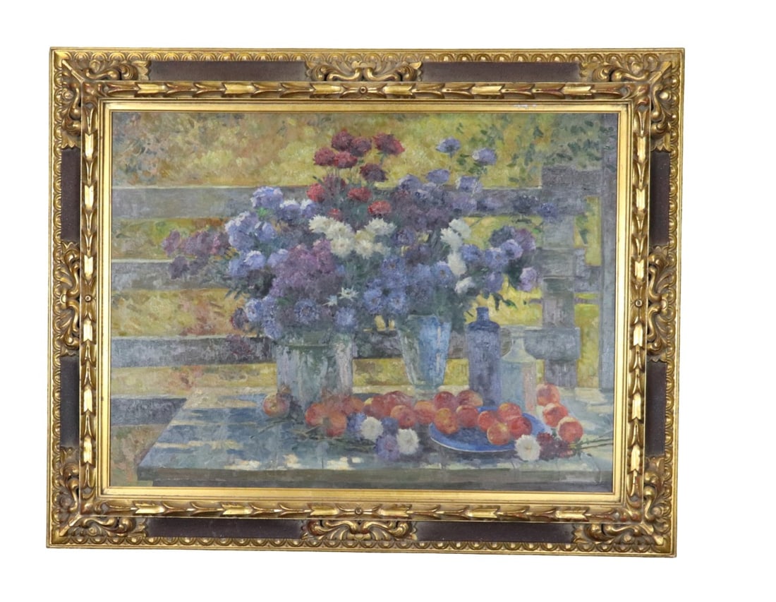 OIL PAINTING STILL LIFE OF FLOWERS: Unsigned. Gilt frame. Oil on canvas. Framed measures 48 1/2" h x 59 1/2" w x 3 1/2" d. Unframed measures 36" h x 48" w.